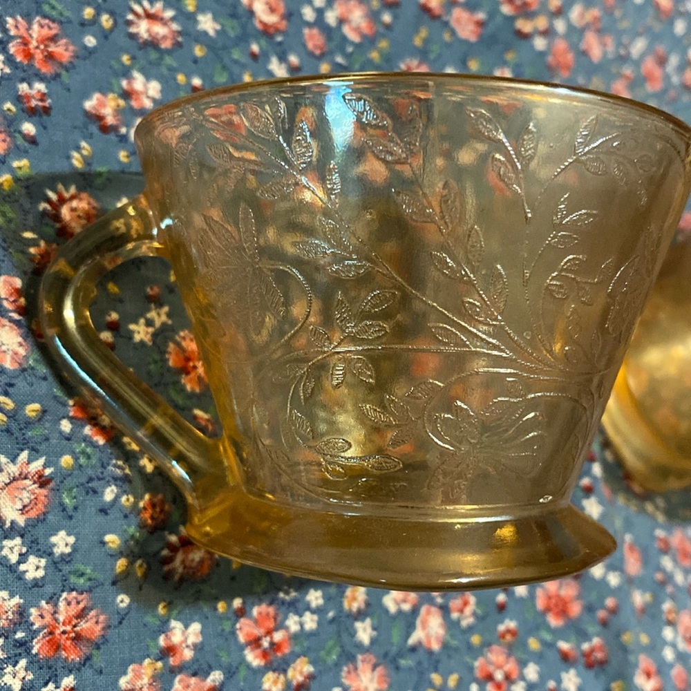 floral etched vintage amber tea cups
